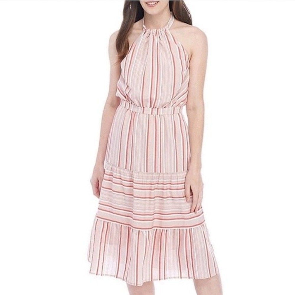 Kaari Blue Coral Tan Striped Halter Tier Dress Size Small Petite NWOT